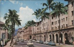 Bishop Street Downtown Honolulu, HI Palm Trees Cars Postcard