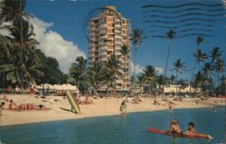 Waikiki Circle Hotel & Beach, Palm Trees, Swimmers Postcard