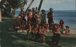 Hawaiian Serenade, Hula Dancers & Musicians on Beach Postcard
