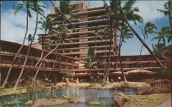 Hawaiian Village Hotel with Palm Trees and Pond Postcard