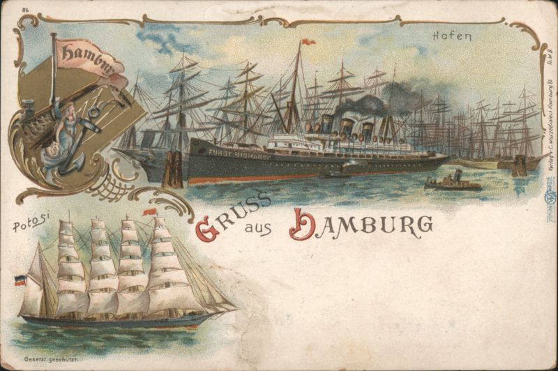 Hamburg Harbor, Furst Bismarck and Potosi Ships Germany
