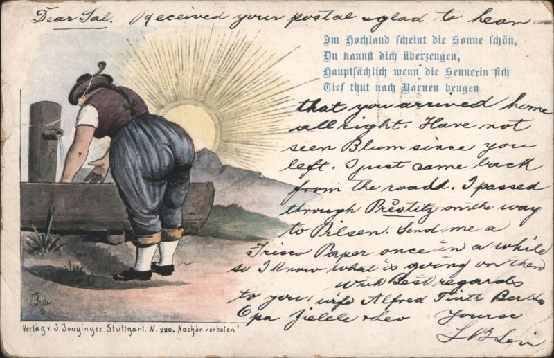 German Woman at Well, Sun Rays, Stuttgart Publisher Germany