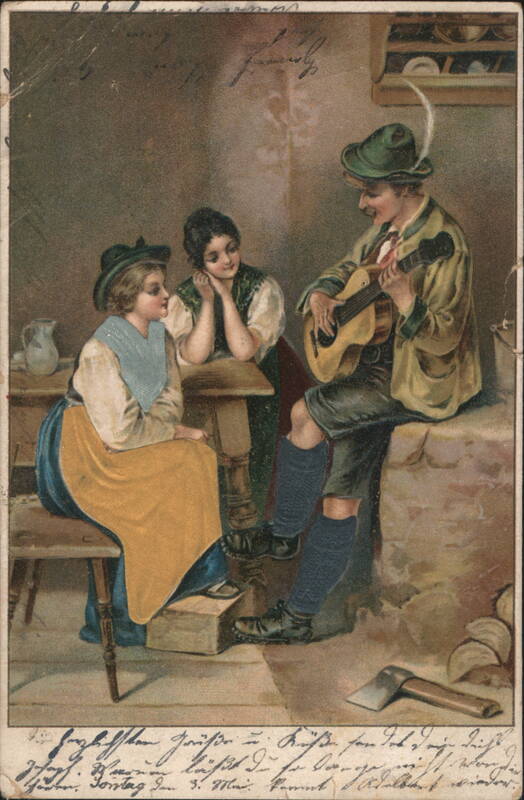 Man Playing Guitar for Two Women in Traditional Attire