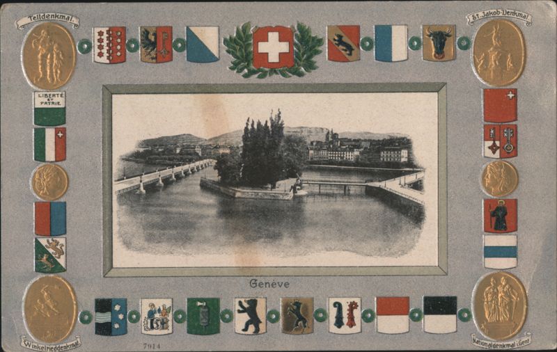 Genève City View, Swiss Cantons Flags & Monuments Switzerland