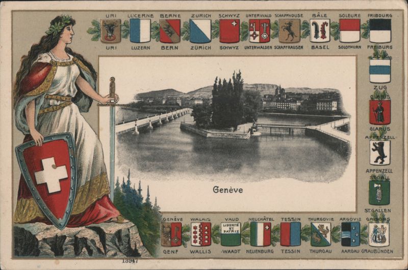 Allegory of Switzerland, Cantonal Flags & Geneva View Genève