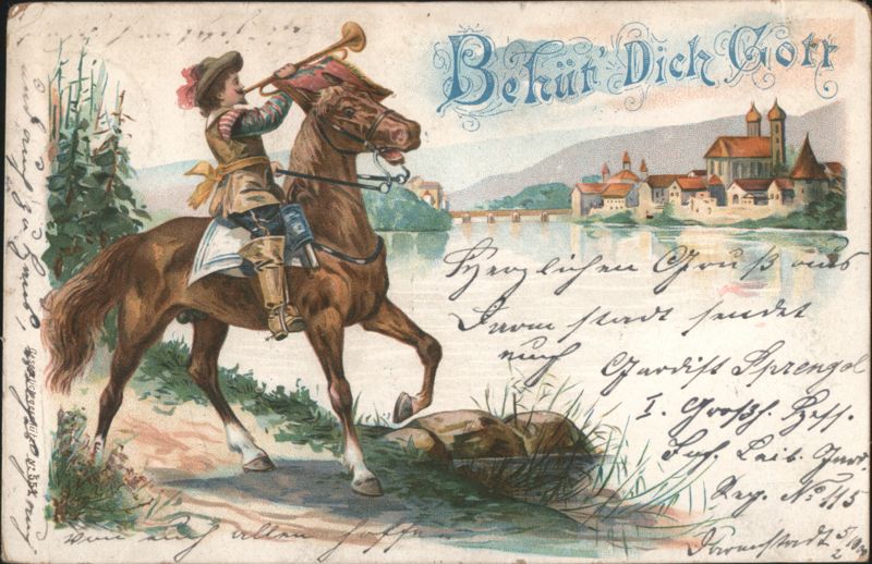 Man on Horseback Blowing Horn, Behüt Dich Gott Horses