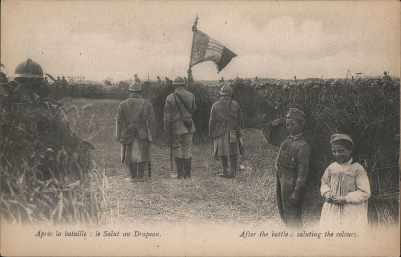 WWI Soldiers & Children Saluting Flag After Battle