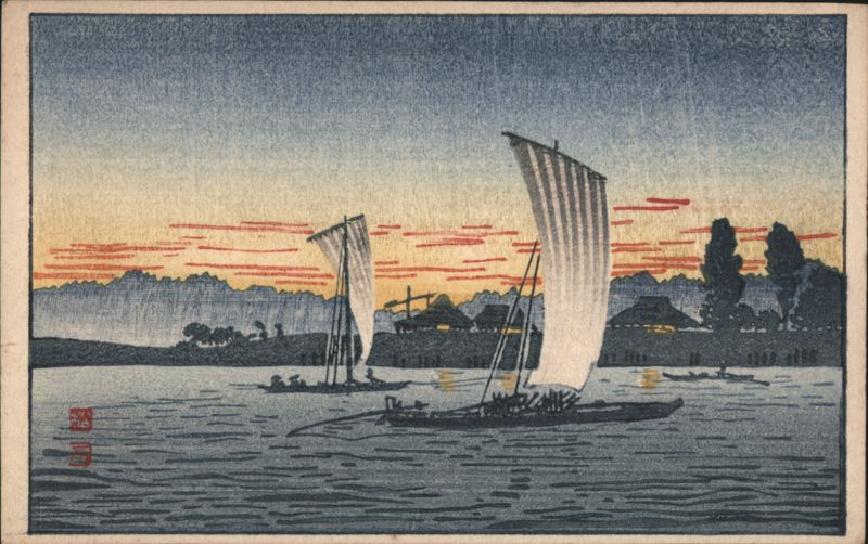 Japanese Woodblock Print, Sailboats on Water at Sunset