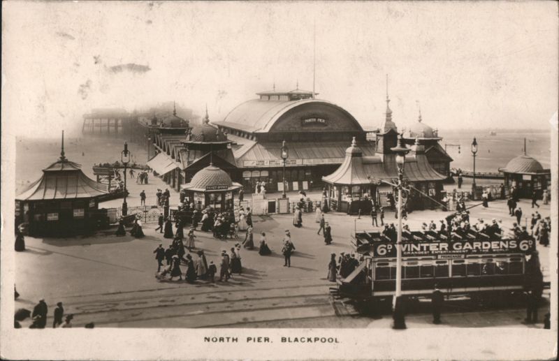 North Pier, Blackpool with Tram and Crowds