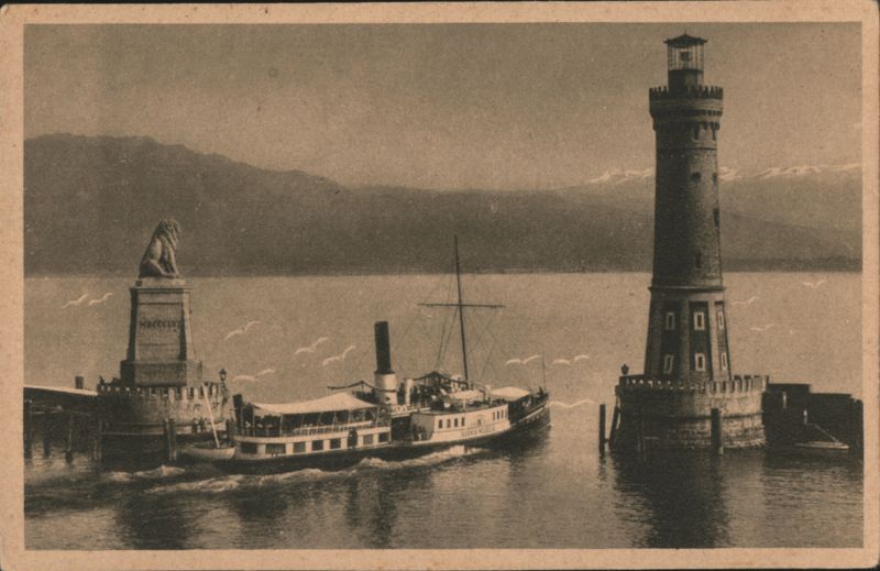Lindau Harbor Entrance, Lighthouse, Lion Statue, Steamboat Germany
