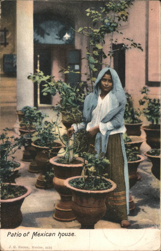 Patio of Mexican house with woman and potted plants Mexico City