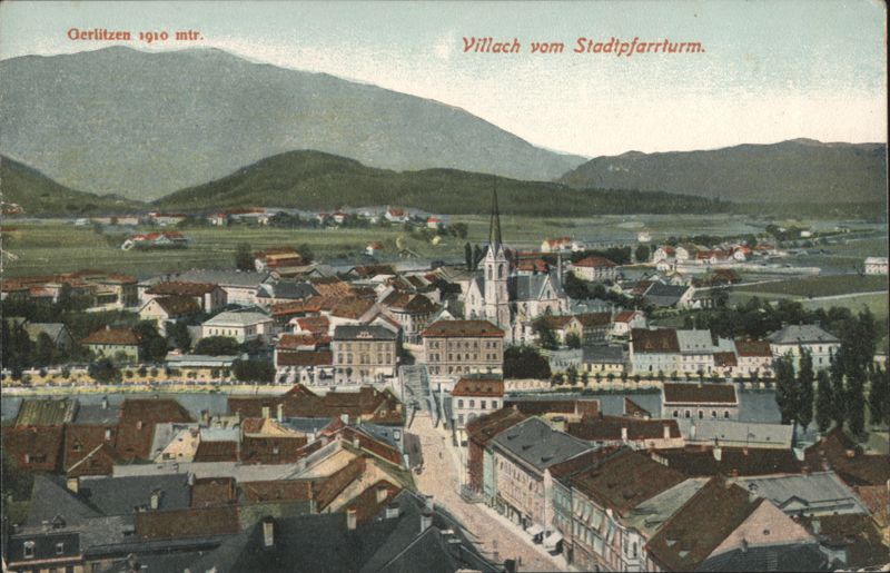 Villach from City Church Tower with Gerlitzen Austria