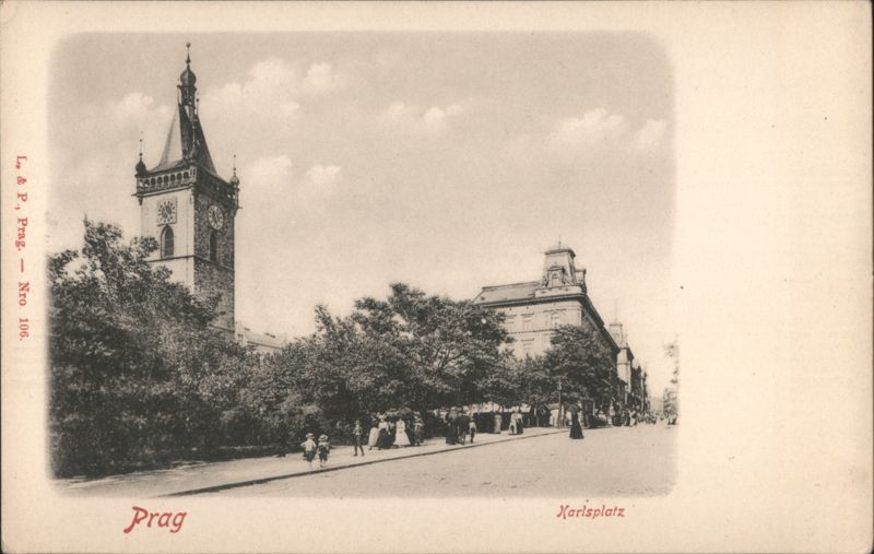 Prague Karlsplatz Clock Tower & Street Scene Czechoslovakia