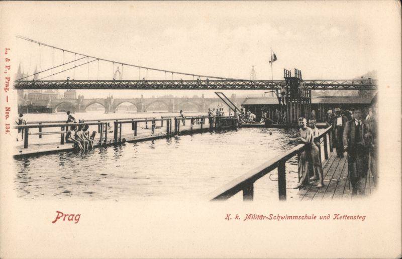 Prague Military Swimming School & Chain Bridge Czechoslovakia