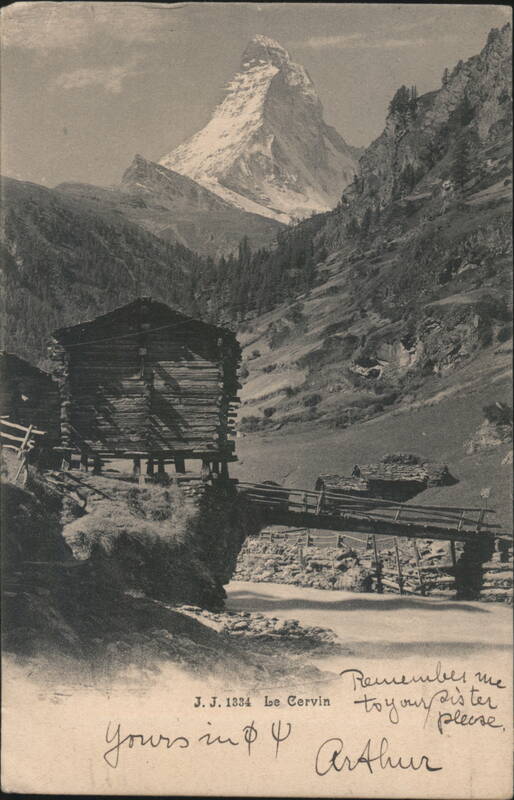 Matterhorn Mountain, Wooden Building & Bridge, Zermatt Switzerland