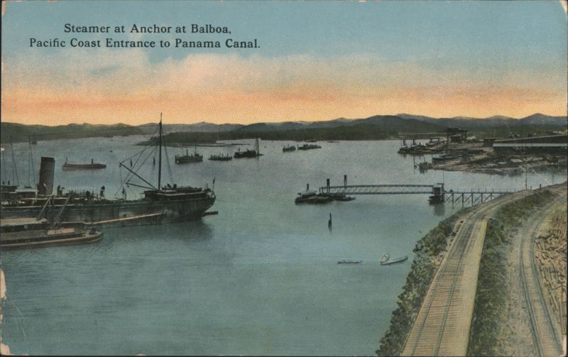 Steamer at Anchor at Balboa, Pacific coast entrance to Panama Canal CZ