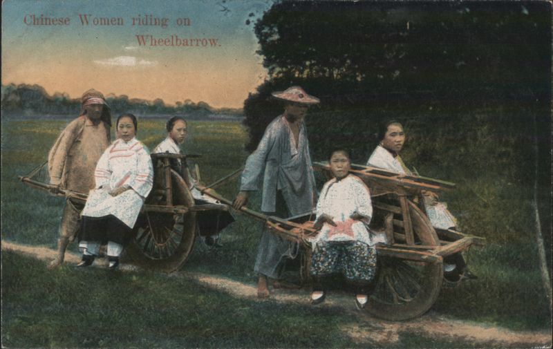 Chinese Women Riding on Wheelbarrow Asian