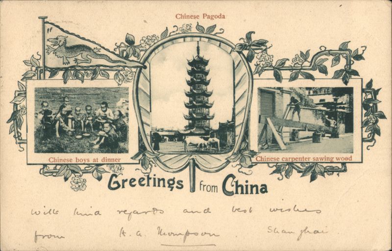 Chinese Pagoda, Boys at Dinner, Carpenter Sawing Wood, China Shanghai