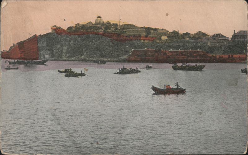 Chefoo Harbor, China with Boats and Hillside Town