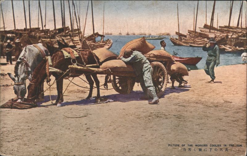 Working Coolies Loading Sacks onto Cart by Waterfront