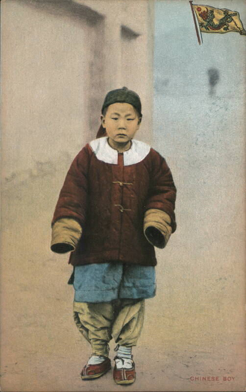 Chinese Boy in Traditional Attire with Dragon Flag