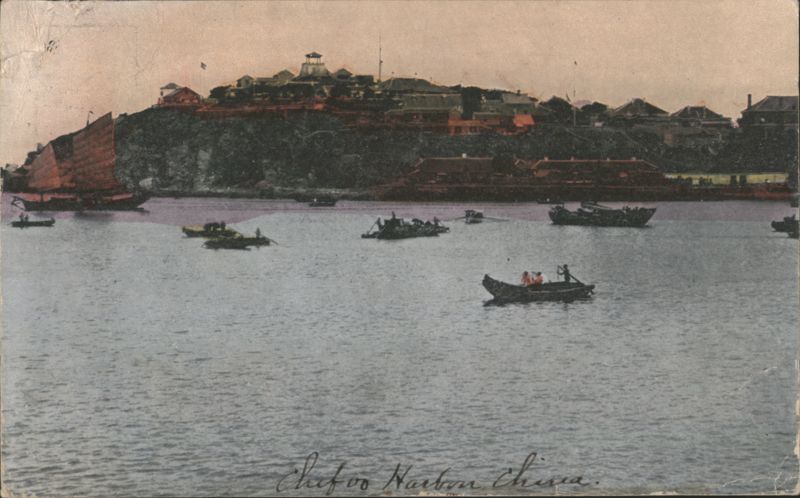 Chefoo Harbor Waterfront Scene with Boats & Hillside