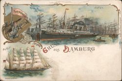 Hamburg Harbor, Furst Bismarck and Potosi Ships Postcard