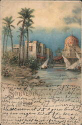 Arab Village Entrance, Palm Trees, Boats Postcard