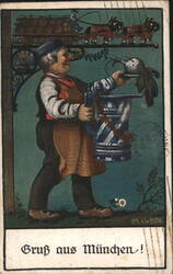 Man with Bird & Barrel, Gruss aus München Postcard
