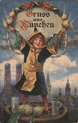 Gruss aus München, Child with Radish & Sausage Wreath, City Postcard