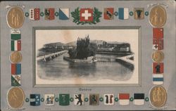 Genève City View, Swiss Cantons Flags & Monuments Postcard