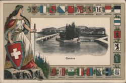 Allegory of Switzerland, Cantonal Flags & Geneva View Postcard