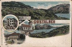 Obstalden Total View, Schoolhouse, Church, Parsonage Postcard