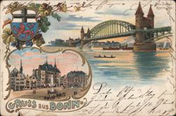 Bonn Rhine Bridge, Market Square, Coat of Arms Postcard