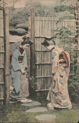 Two Japanese Women Bowing in Garden, Kimonos Postcard
