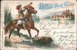 Man on Horseback Blowing Horn, Behüt Dich Gott Postcard