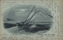 Sailboats on Rough Sea, Moonlight, Gruss von der See Postcard