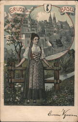 Woman in Traditional Dress, Basel Cityscape Background Postcard