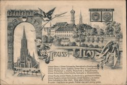 Gruss aus Ulm Minster, Rathaus, and Local Figures Postcard