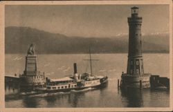 Lindau Harbor Entrance, Lighthouse, Lion Statue, Steamboat Postcard
