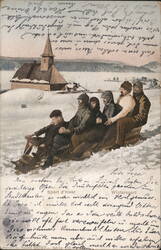 Men Sledding in Snow with Church, Winter Sport Postcard