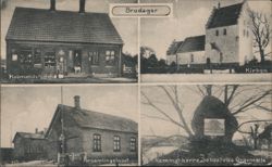 Brudager Views: Store, Church, Community Hall, Grave Monument Postcard