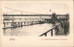Prague Military Swimming School & Chain Bridge Postcard