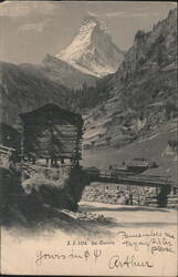 Matterhorn Mountain, Wooden Building & Bridge, Zermatt Postcard