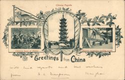 Chinese Pagoda, Boys at Dinner, Carpenter Sawing Wood, China Postcard