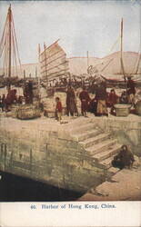 Harbor of Hong Kong, China - Boats & People on Dock Postcard