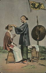 Chinese Barber Haircut, Dragon Flag & Gong Postcard