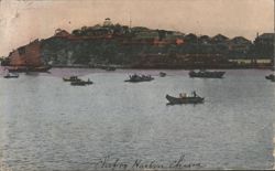 Chefoo Harbor Waterfront Scene with Boats & Hillside Postcard