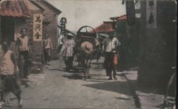 Street Scene, Chefoo, China with People & Animal Cart Postcard