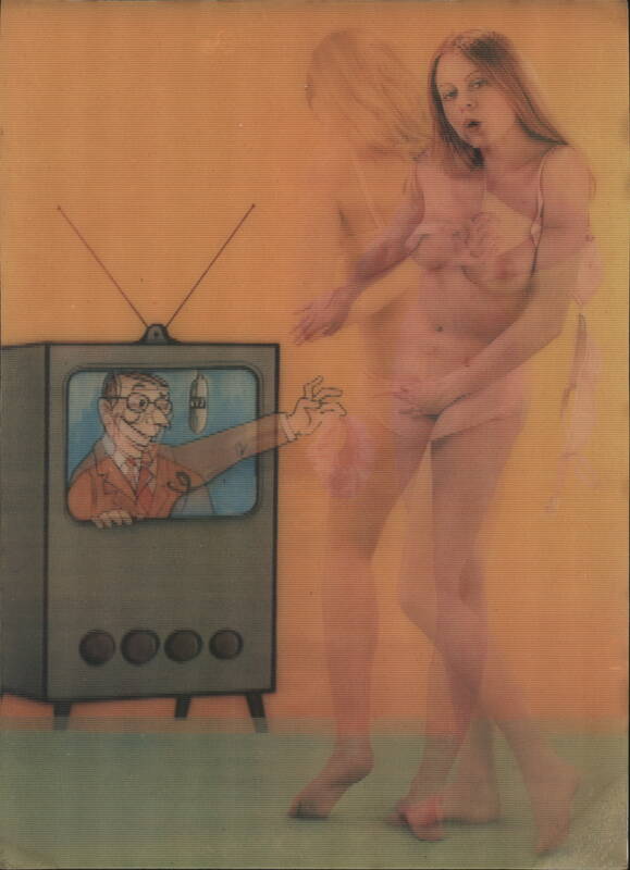 Walter Cronkite Caricature Reaching from TV for Nude Woman